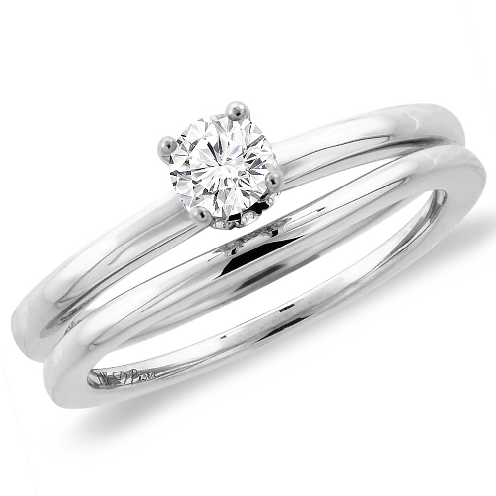 14K White Gold 0.56 cttw Genuine Diamond 2pc Solitaire Engagement Ring Set, sizes 5 -10