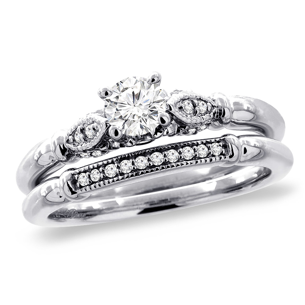 14K White Gold 0.35 cttw Genuine Diamond 2pc Engagement Ring Set, sizes 5 -10