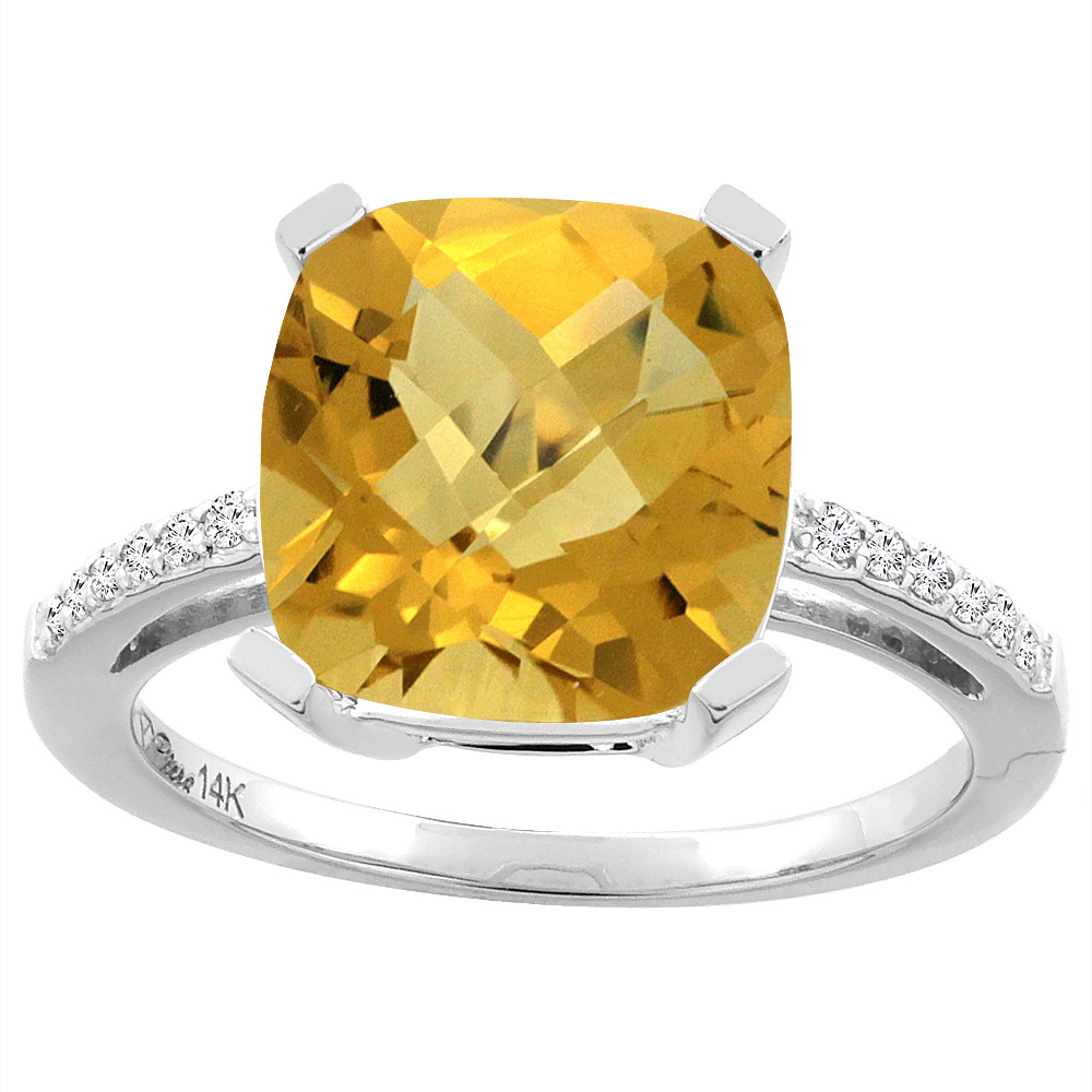 14K Yellow Gold Natural Whisky Quartz &amp; Diamond Ring Cushion-cut 12x10 mm, sizes 5-10