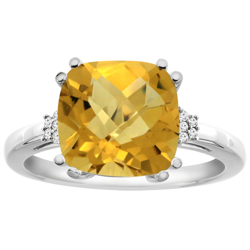 14K Yellow Gold Diamond Natural Whisky Quartz Engagement Ring Cushion-cut 10x10 mm, sizes 5-10