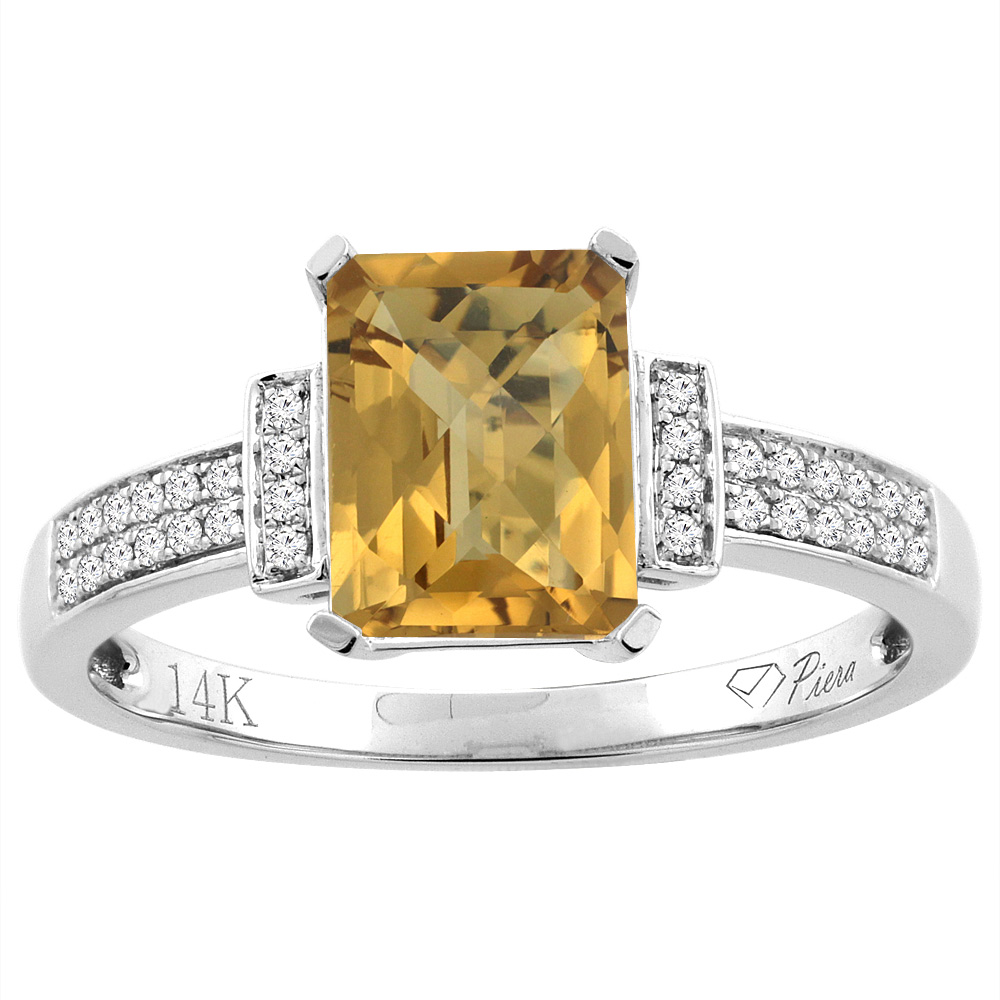 14K Gold Natural Whisky Quartz Ring Octagon 8x6 mm Diamond Accents, sizes 5 - 10