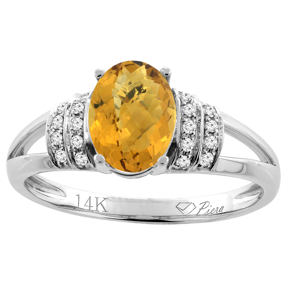 14K Gold Natural Whisky Quartz Ring Oval 8x6 mm Diamond Accents, sizes 5 - 10