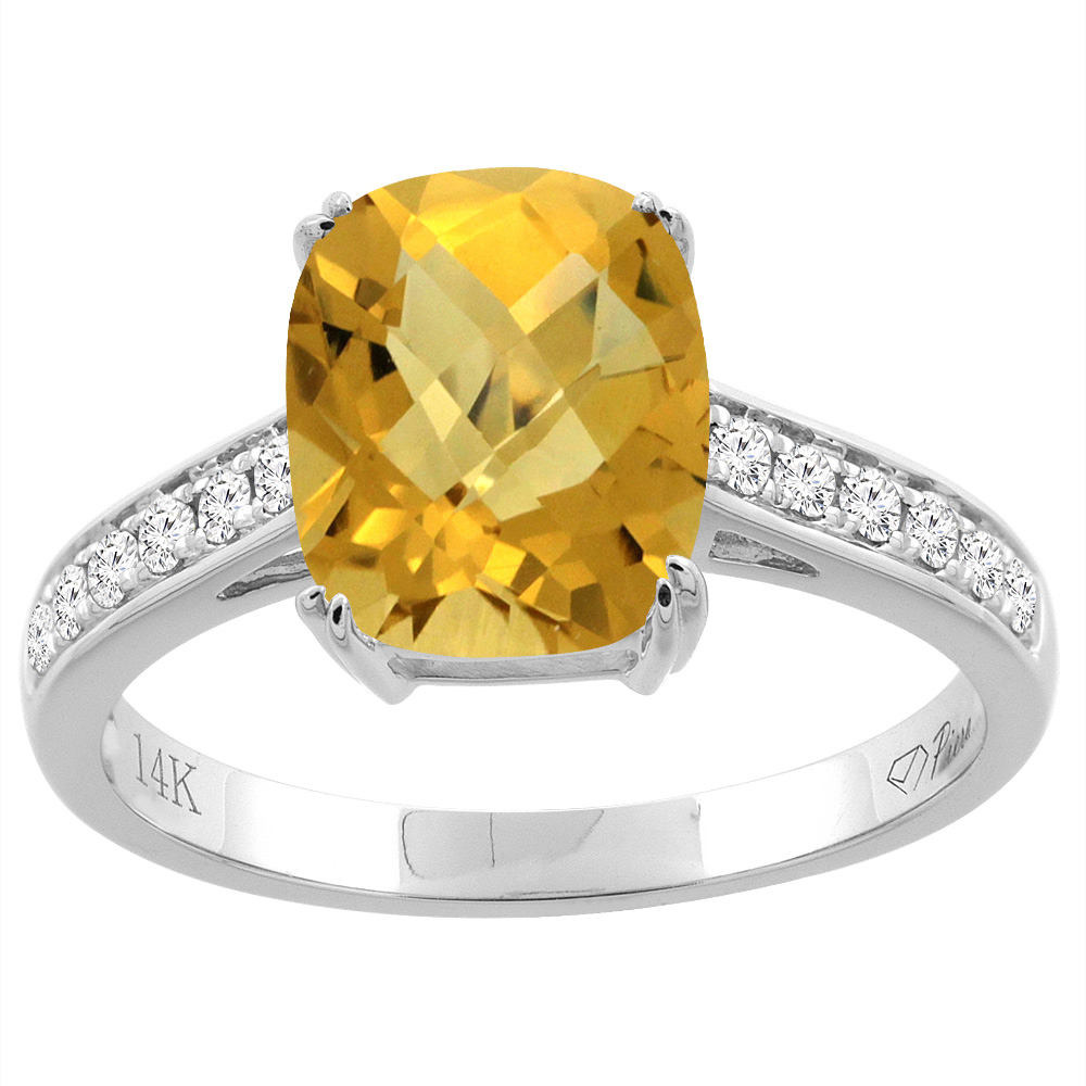 14K Gold Natural Whisky Quartz Ring Cushion Cut 9x7 mm Diamond Accents, sizes 5 - 10