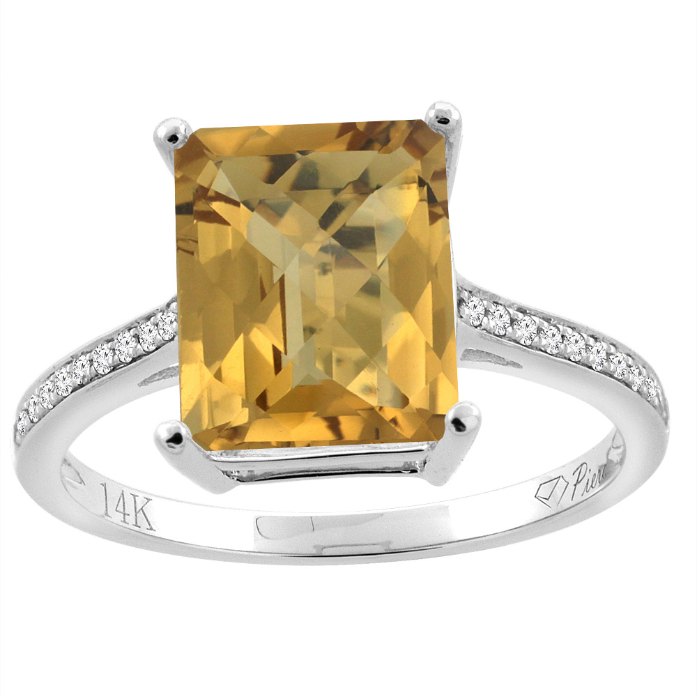 14K Gold Natural Whisky Quartz Ring Octagon 10x8 mm Diamond Accents, sizes 5 - 10