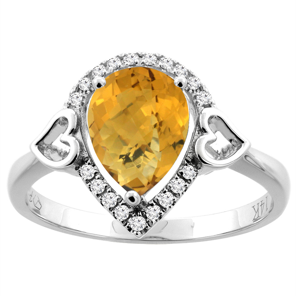 14K Gold Natural Whisky Quartz Ring Pear Shape 9x7 mm Diamond Accents, sizes 5 - 10