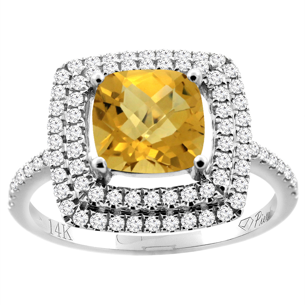 14K Gold Natural Whisky Quartz Ring Cushion Cut 7x7 mm Double Halo Diamond Accents, sizes 5 - 10