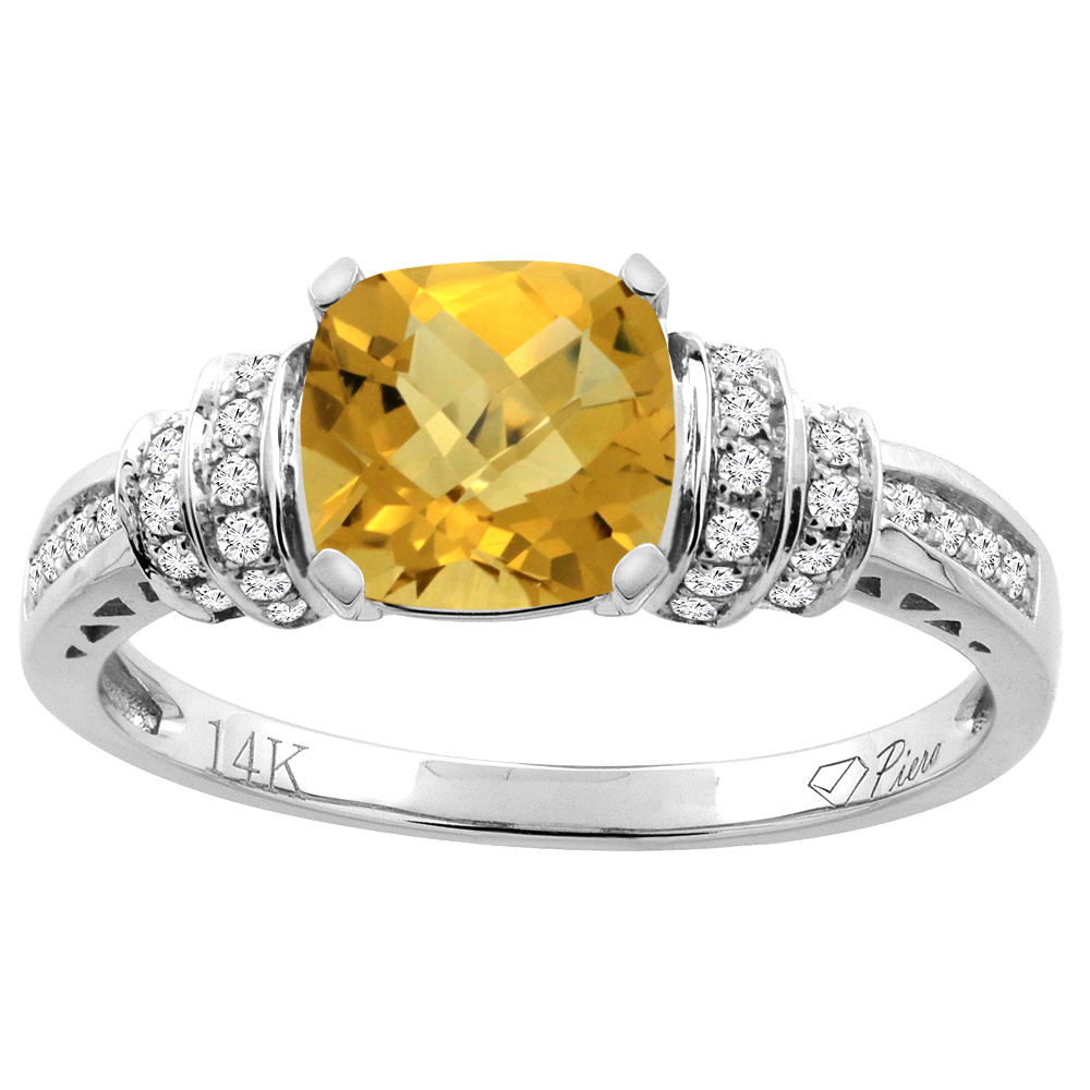 14K Gold Natural Whisky Quartz Ring Cushion Cut 7x7 mm Diamond Accents, sizes 5 - 10