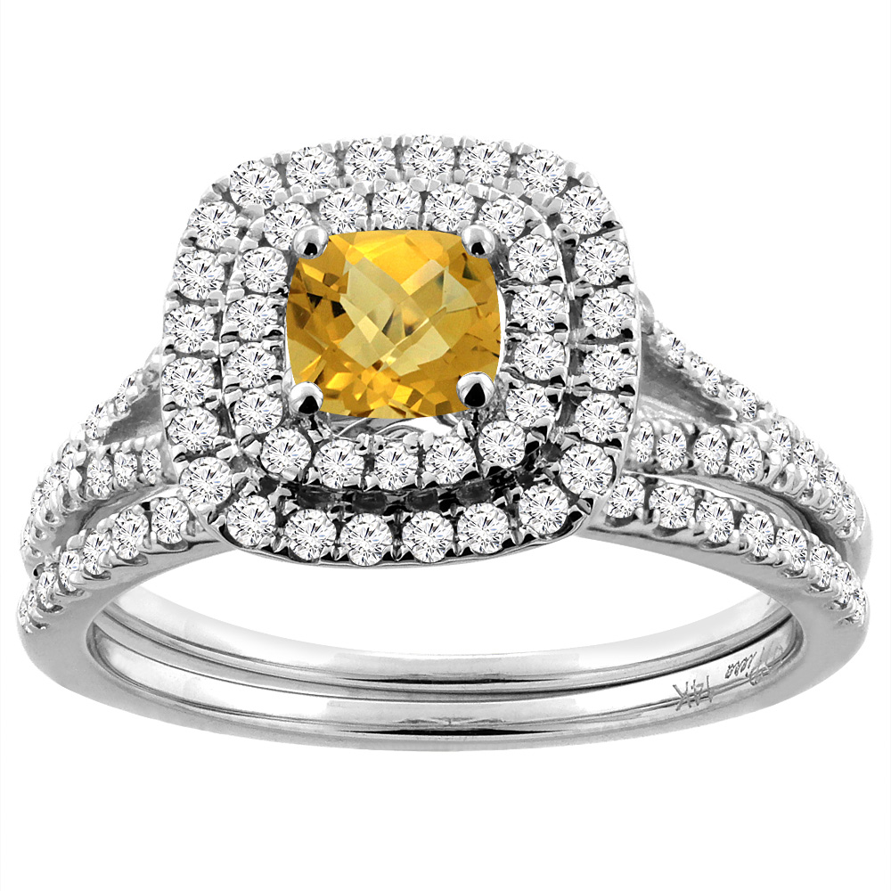 14K White Gold Diamond Halo Natural Whisky Quartz 2pc Engagement Ring Set Cushion 6x6 mm, sizes 5-10