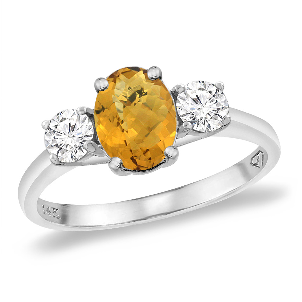 14K White Gold Natural Whisky Quartz & 2pc. Diamond Engagement Ring Oval 8x6 mm, sizes 5 -10