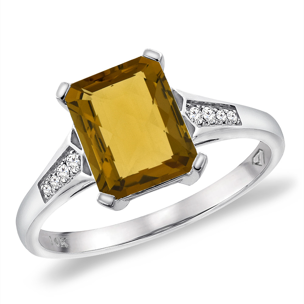 14K White Gold Natural Whisky Quartz Ring 9x7 mm Octagon with Diamond Accent, sizes 5 -10