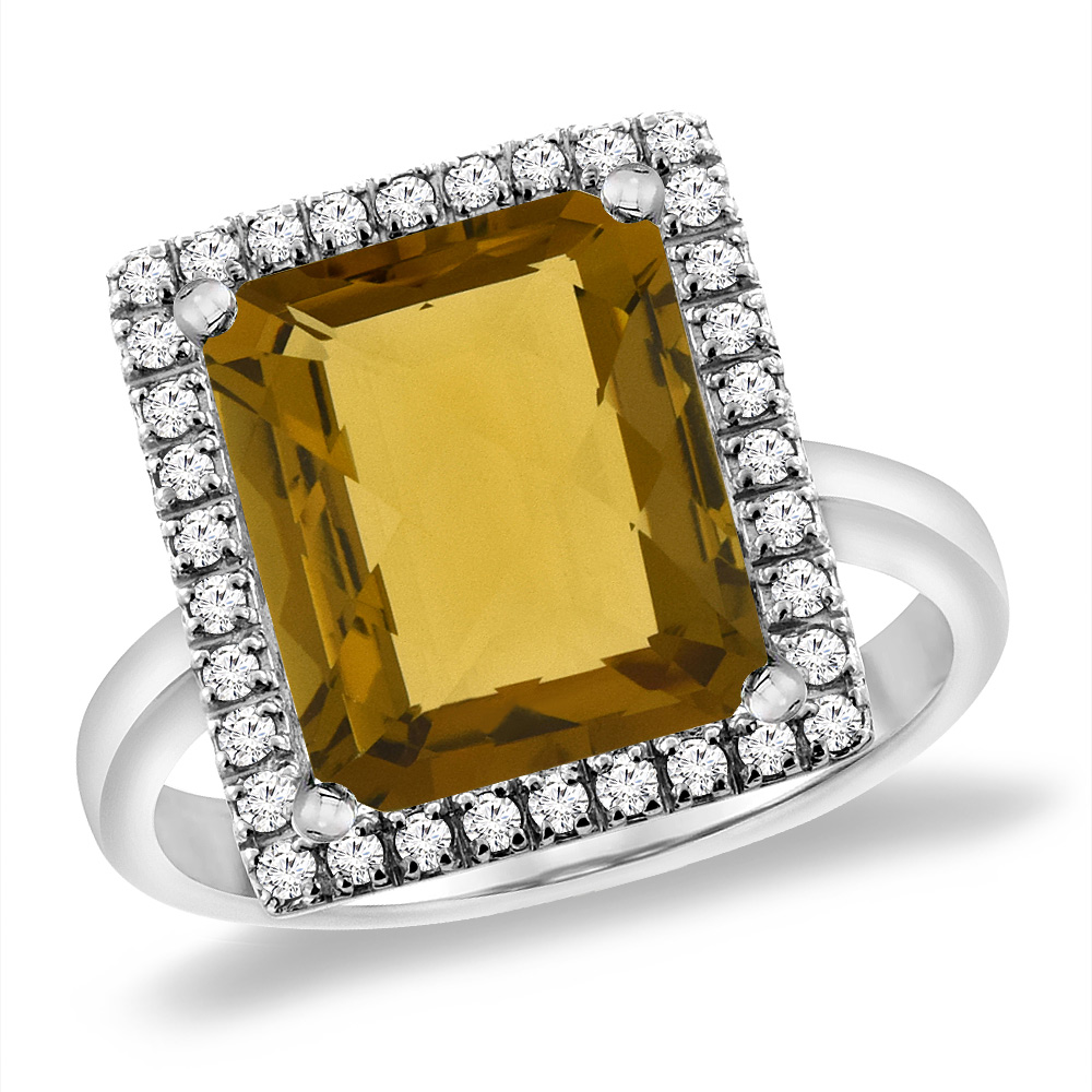 14K White Gold Natural Whisky Quartz Ring Diamond Accent 12x10 mm Octagon, sizes 5 -10