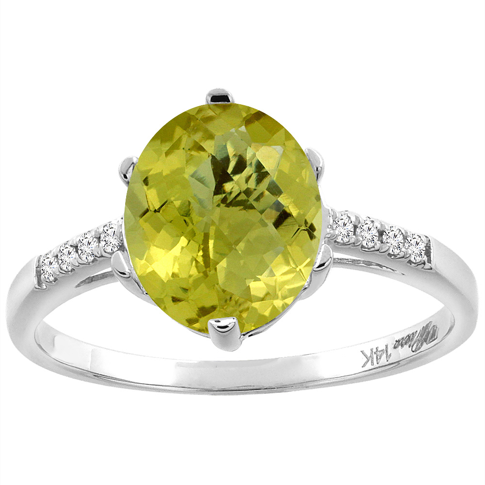 14K White Gold Natural Lemon Quartz & Diamond Ring Oval 10x8 mm, sizes 5-10