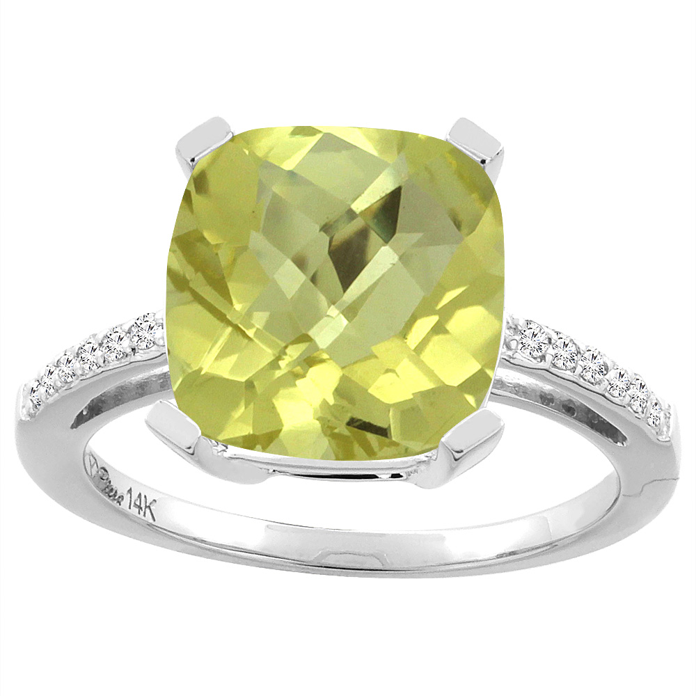 14K Yellow Gold Natural Lemon Quartz & Diamond Ring Cushion-cut 12x10 mm, sizes 5-10