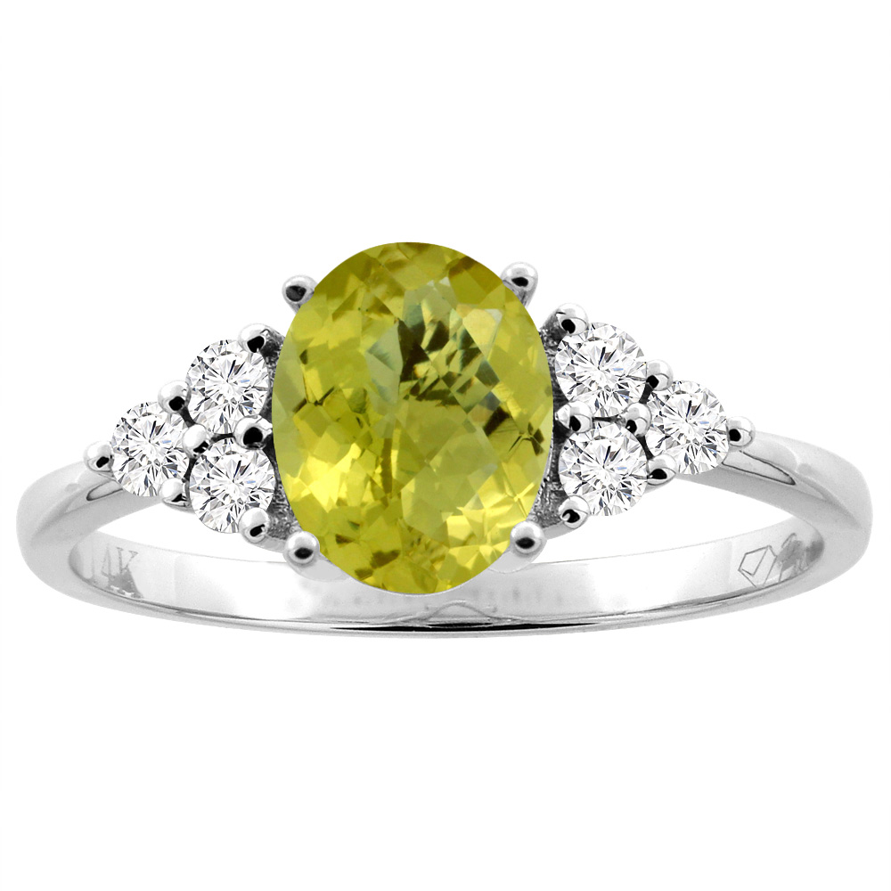 14K Gold Natural Lemon Quartz Ring Oval 8x6 mm Diamond Accents, sizes 5 - 10