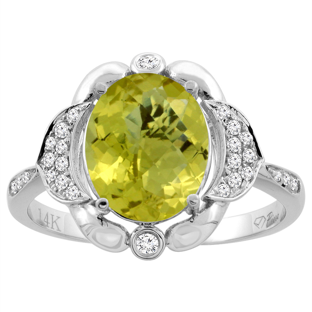 14K Yellow Gold Diamond Natural Lemon Quartz Engagement Ring Oval 10x8mm, sizes 5-10