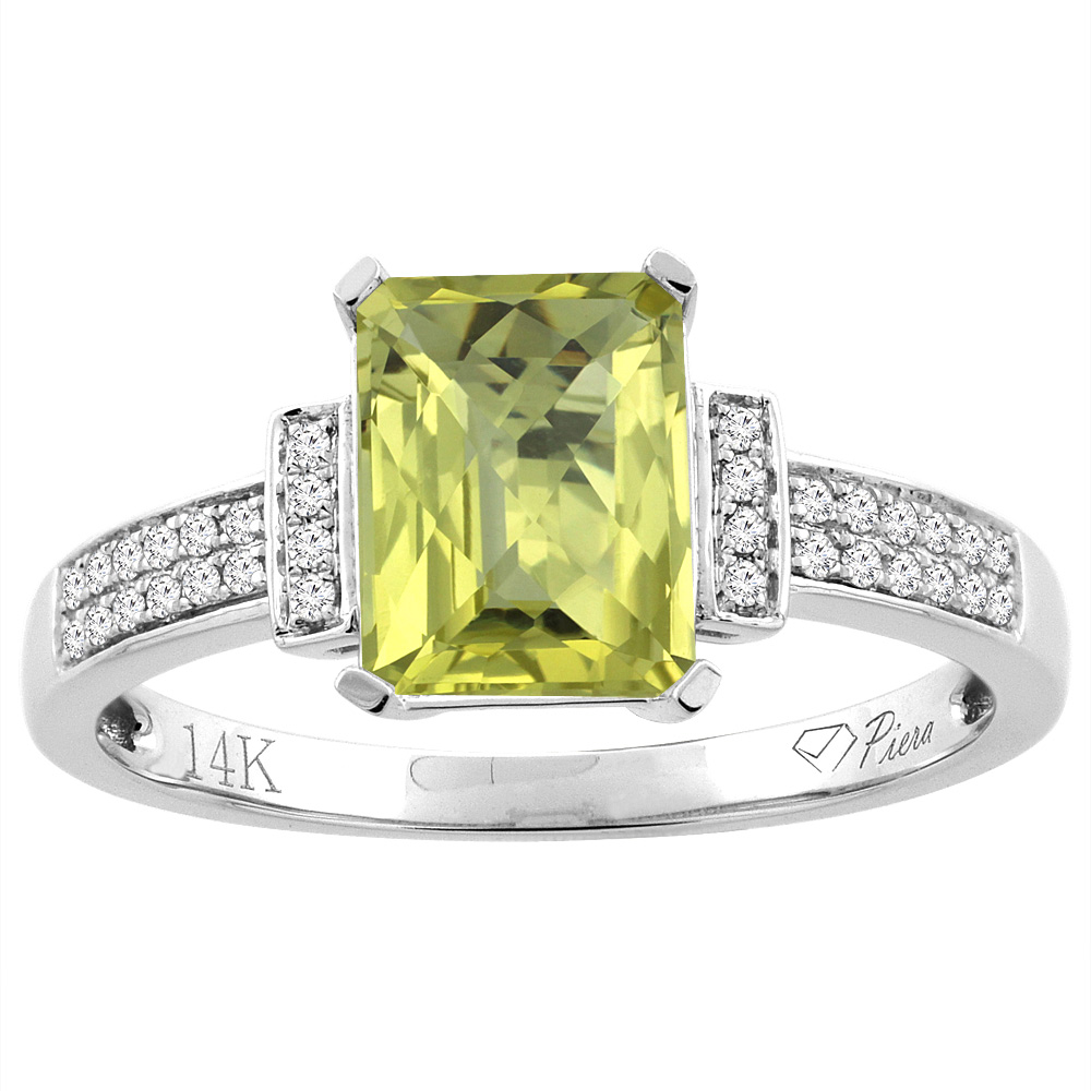 14K Gold Natural Lemon Quartz Ring Octagon 8x6 mm Diamond Accents, sizes 5 - 10