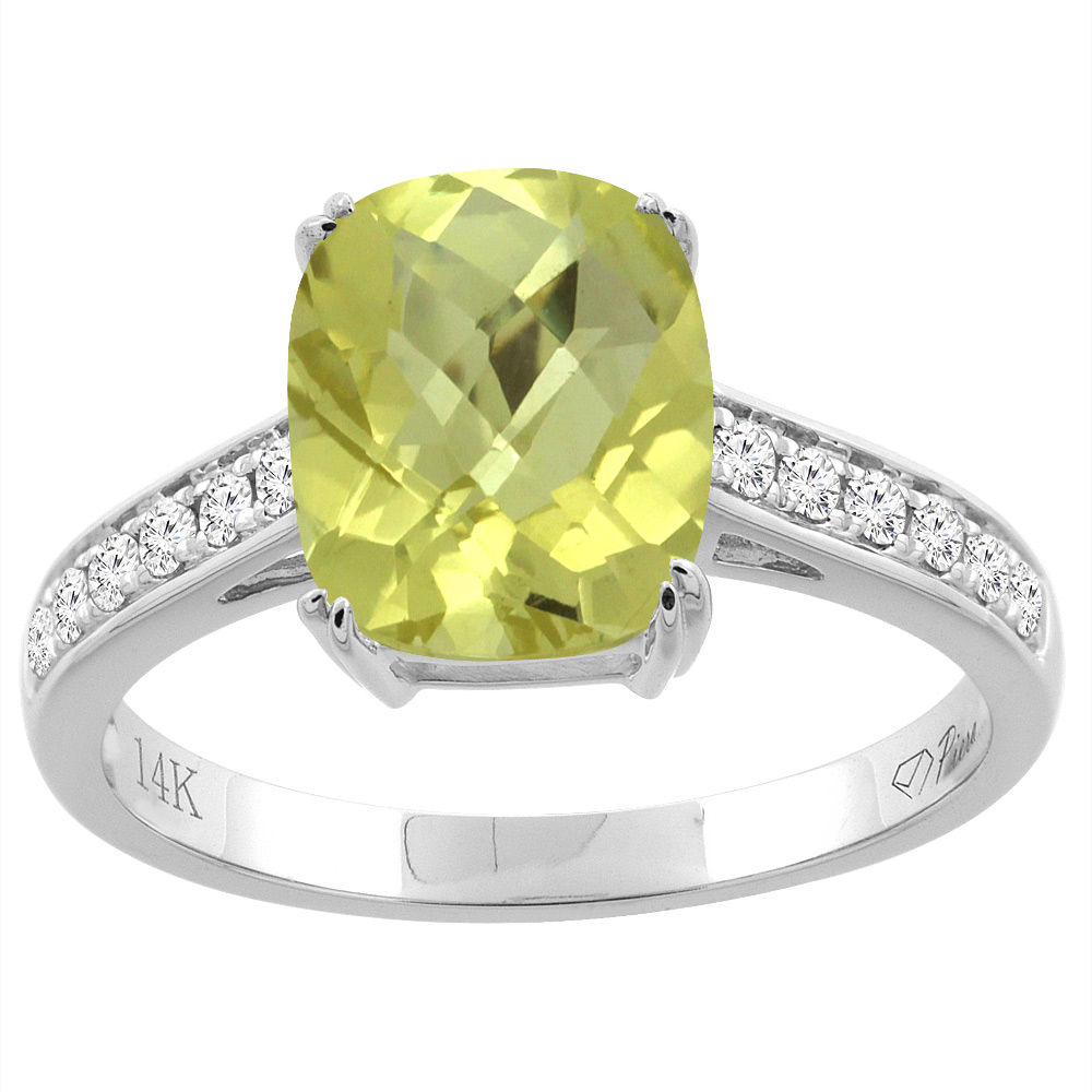 14K Gold Natural Lemon Quartz Ring Cushion Cut 9x7 mm Diamond Accents, sizes 5 - 10