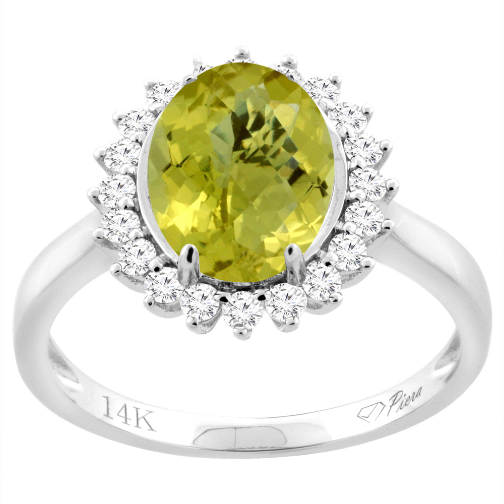 14K White Gold Diamond Natural Lemon Quartz Engagement Ring Oval 10x8mm, sizes 5-10