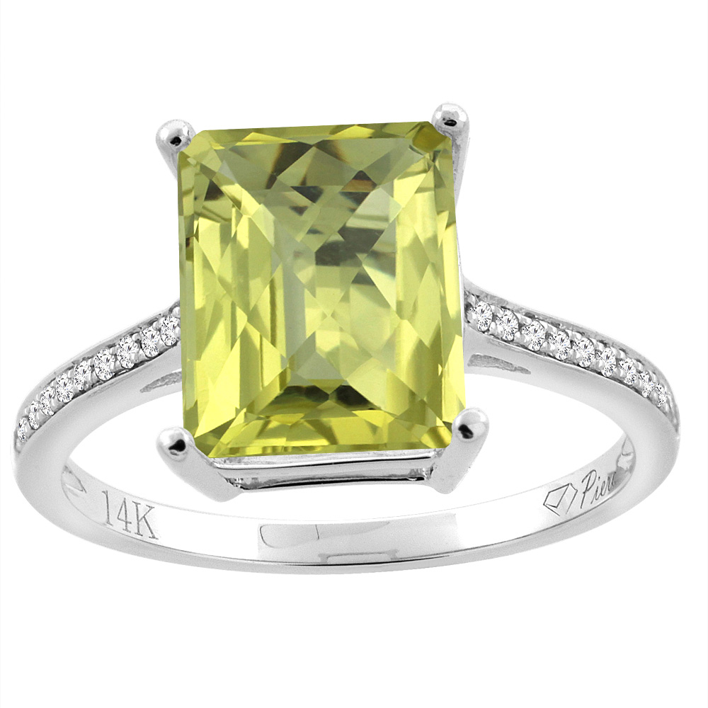 14K Gold Natural Lemon Quartz Ring Octagon 10x8 mm Diamond Accents, sizes 5 - 10