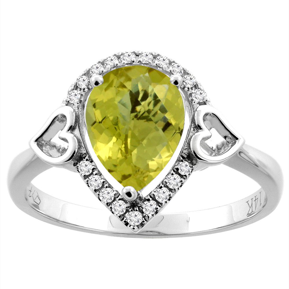 14K Gold Natural Lemon Quartz Ring Pear Shape 9x7 mm Diamond Accents, sizes 5 - 10