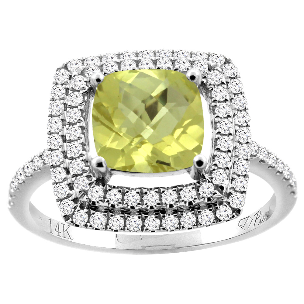 14K Gold Natural Lemon Quartz Ring Cushion Cut 7x7 mm Double Halo Diamond Accents, sizes 5 - 10