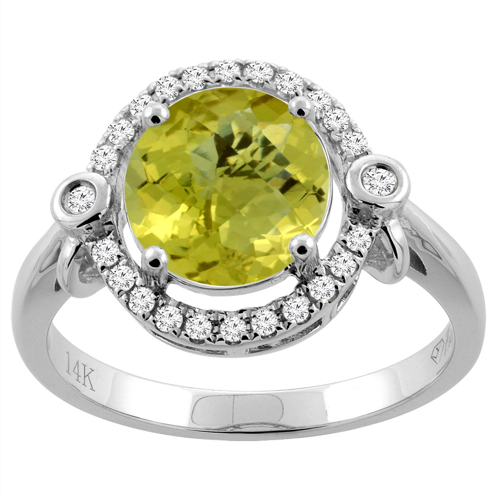 14K White Gold Diamond Natural Lemon Quartz Engagement Ring Oval 10x8mm, sizes 5-10