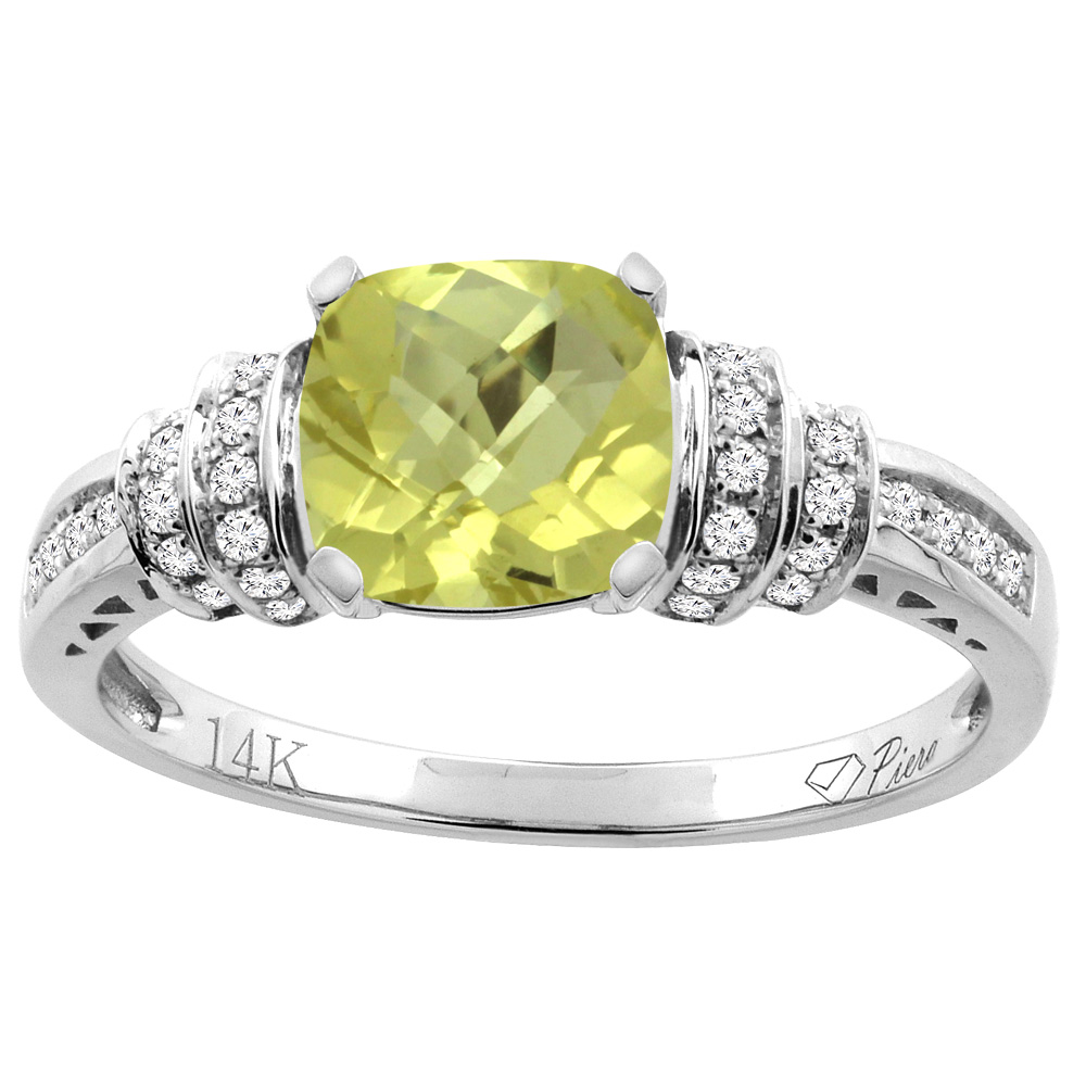 14K Gold Natural Lemon Quartz Ring Cushion Cut 7x7 mm Diamond Accents, sizes 5 - 10