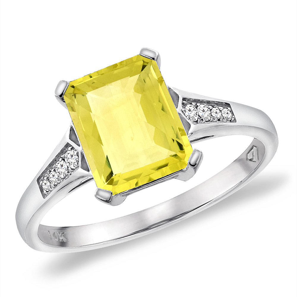 14K White Gold Natural Lemon Quartz Ring 9x7 mm Octagon with Diamond Accent, sizes 5 -10