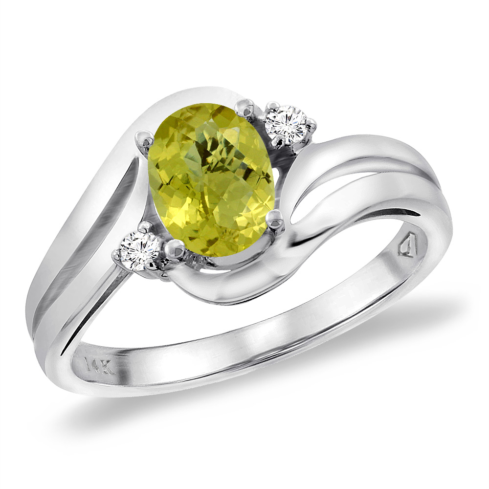 14K White Gold Diamond Natural Lemon Quartz Bypass Engagement Ring Oval 8x6 mm, sizes 5 -10