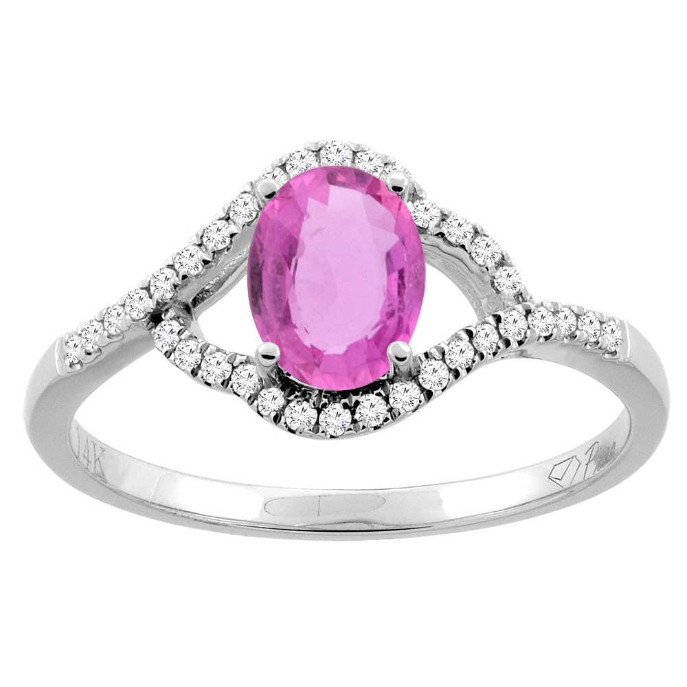 14K Gold Diamond Natural Pink Sapphire Engagement Ring Oval 7x5 mm, sizes 5 - 10
