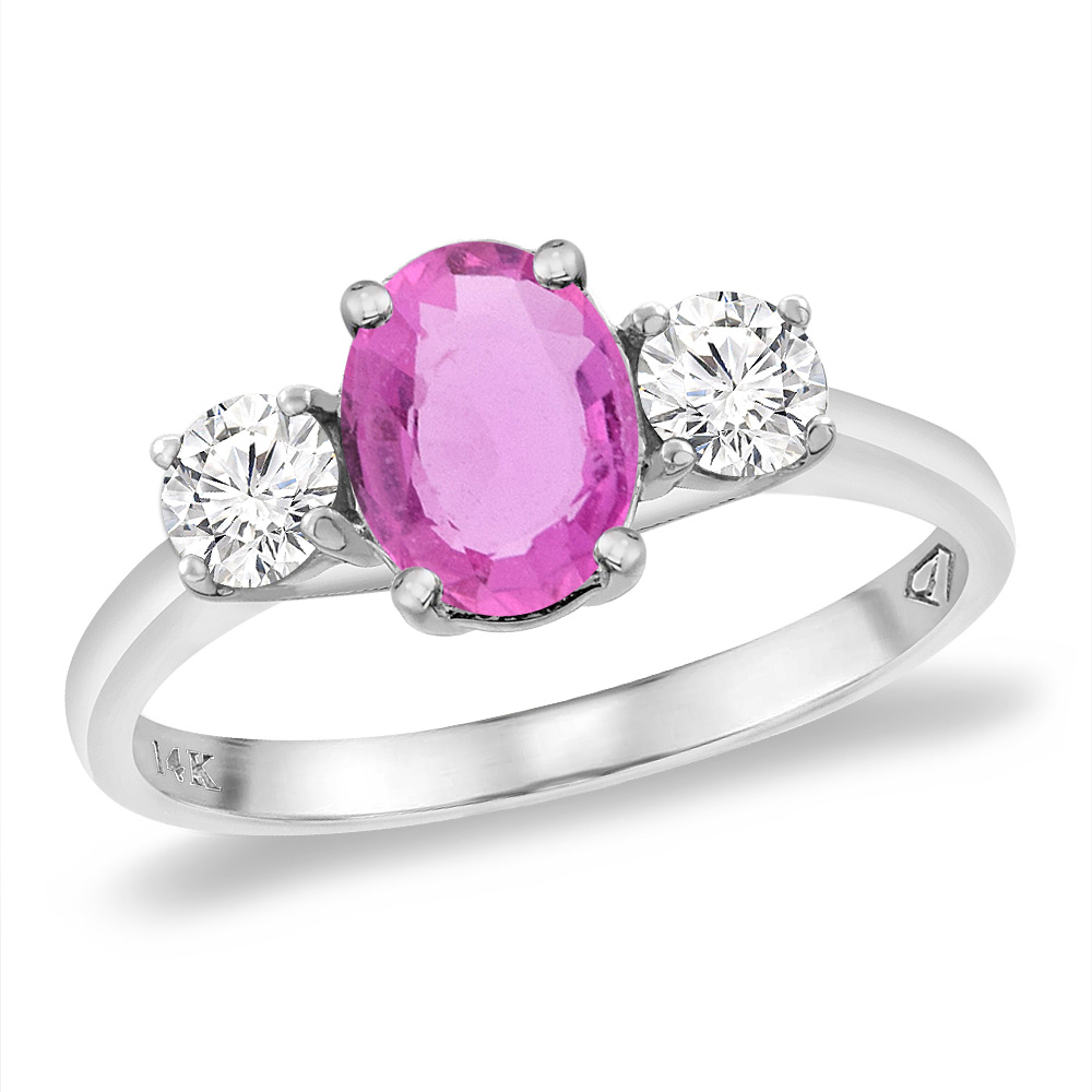14K White Gold Natural Pink Sapphire & 2pc. Diamond Engagement Ring Oval 8x6 mm, sizes 5 -10