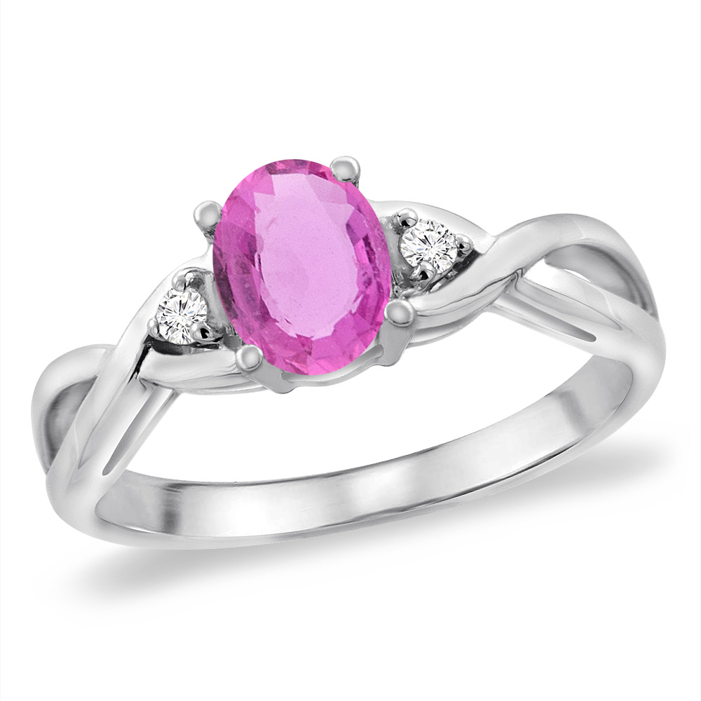 14K White Gold Diamond Natural Pink Sapphire Infinity Engagement Ring Oval 7x5 mm, sizes 5 -10