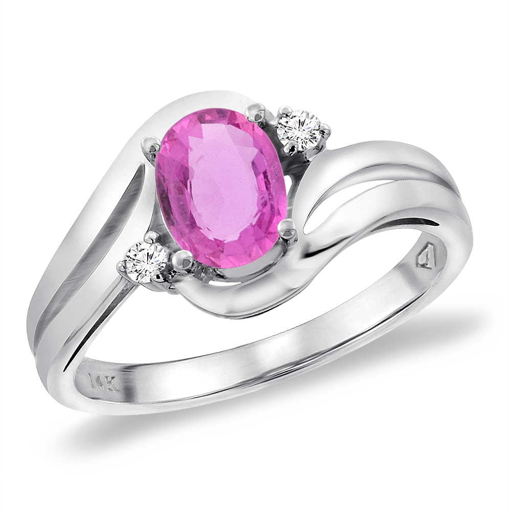 14K White Gold Diamond Natural Pink Sapphire Bypass Engagement Ring Oval 8x6 mm, sizes 5 -10