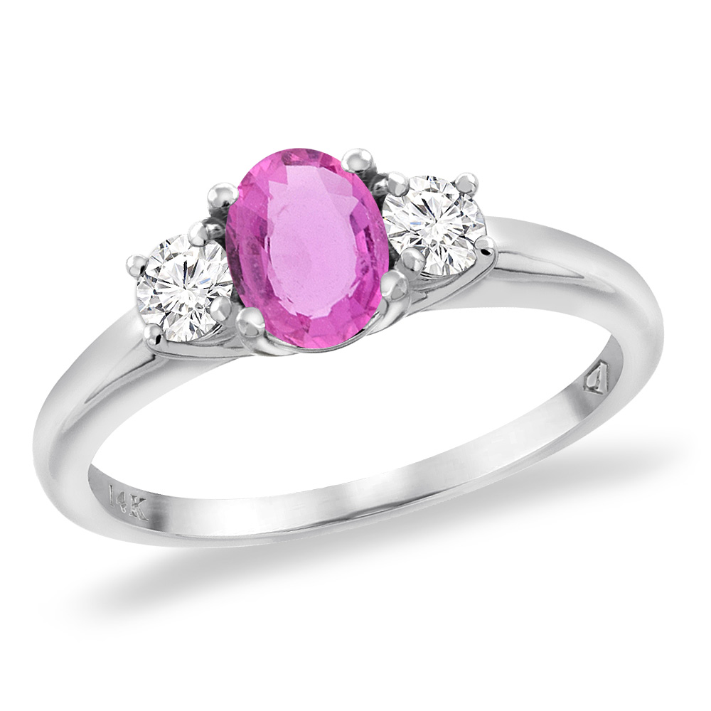 14K White Gold Natural Pink Sapphire Engagement Ring Diamond Accents Oval 7x5 mm, sizes 5 -10
