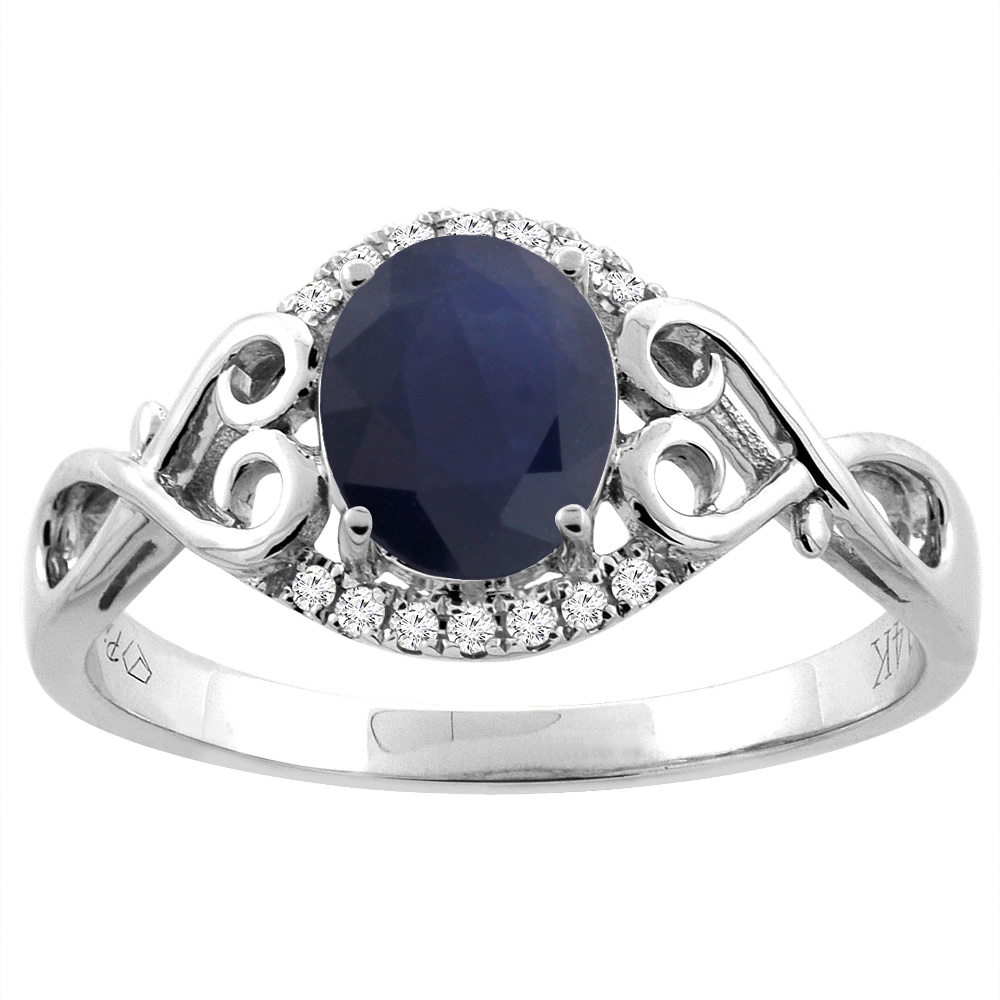 14K Gold Natural Australian Sapphire Ring Oval 8x6 mm Diamond & Heart Accents, sizes 5 - 10