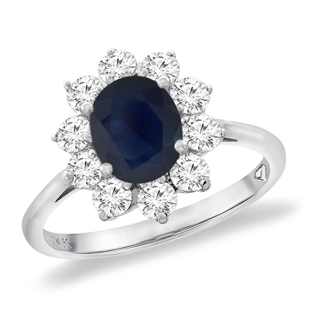 14K White Gold Diamond Natural Australian Sapphire Engagement Ring Oval 8x6 mm, sizes 5 -10