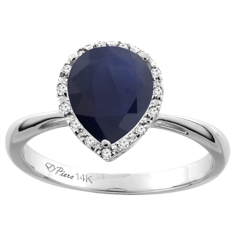 14K Yellow Gold Natural Diffused Ceylon Sapphire &amp; Diamond Halo Engagement Ring Pear Shape 9x7 mm, sizes 5-10