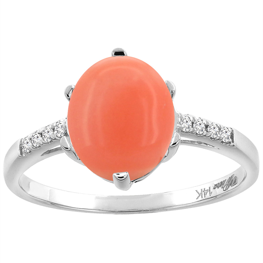 14K White Gold Natural Coral & Diamond Ring Oval 10x8 mm, sizes 5-10
