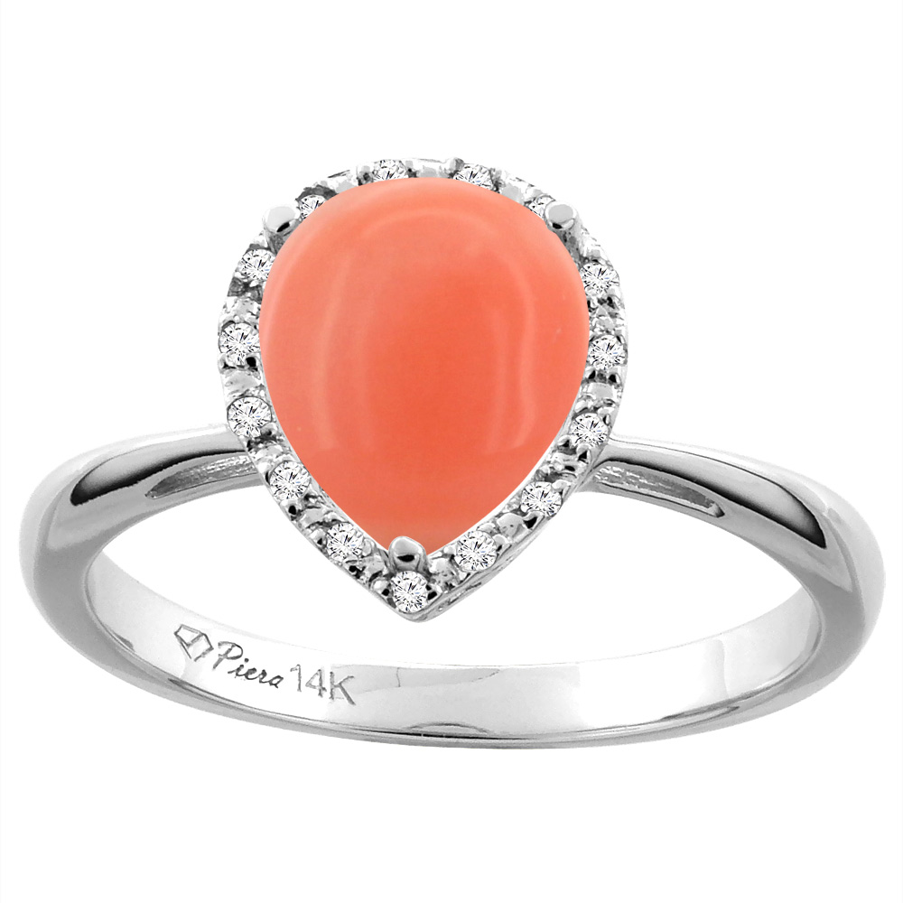 14K White Gold Natural Coral & Diamond Halo Engagement Ring Pear Shape 9x7 mm, sizes 5-10