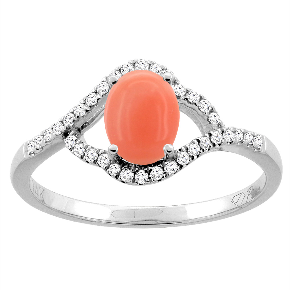 14K Gold Diamond Natural Coral Engagement Ring Oval 7x5 mm, sizes 5 - 10