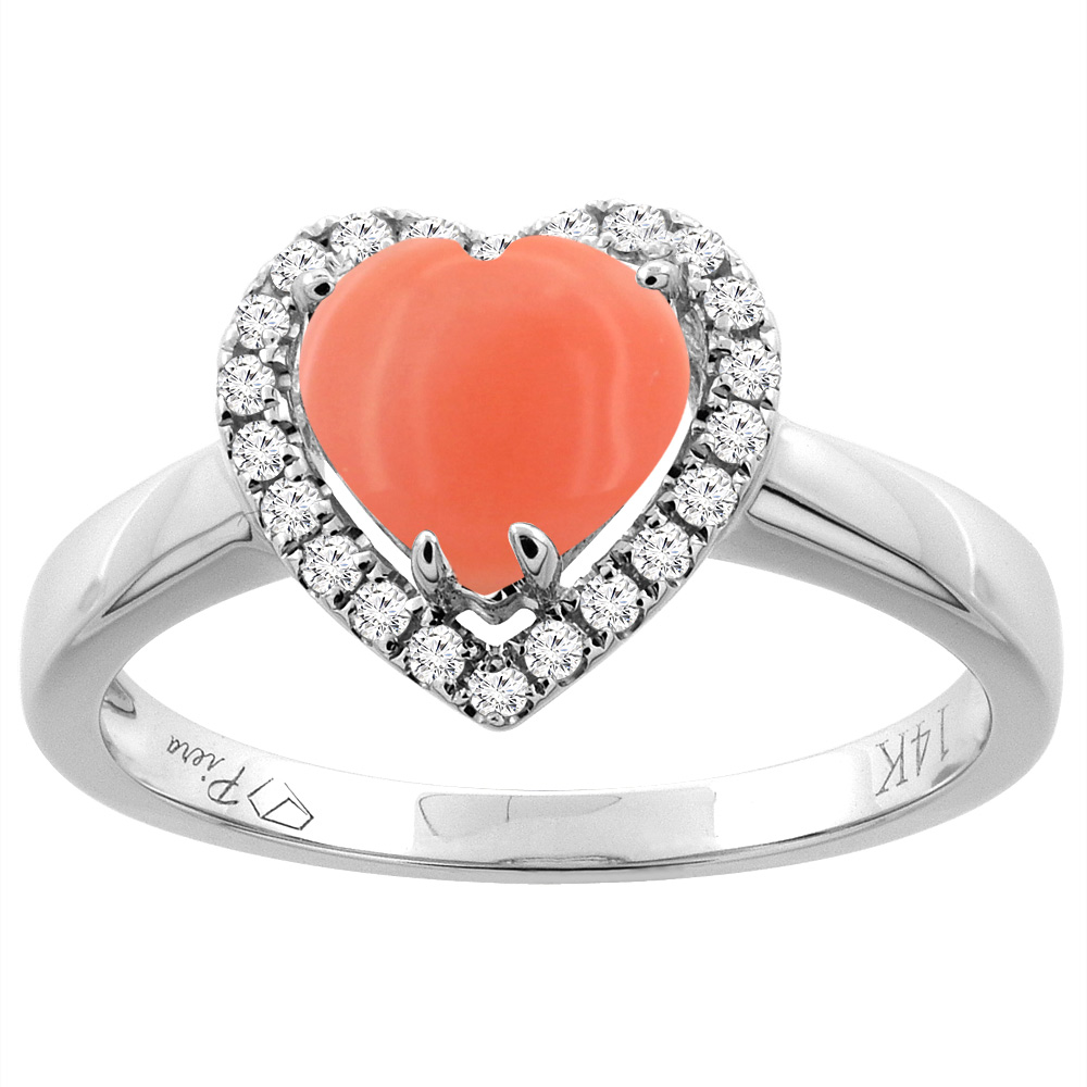 14K Gold Natural Coral Halo Ring Heart 7x7 mm Diamond Accents, sizes 5 - 10