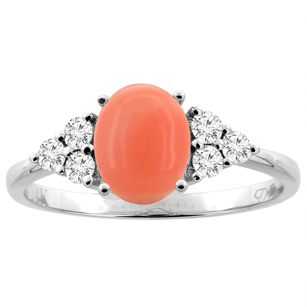 14K Gold Natural Coral Ring Oval 8x6 mm Diamond Accents, sizes 5 - 10