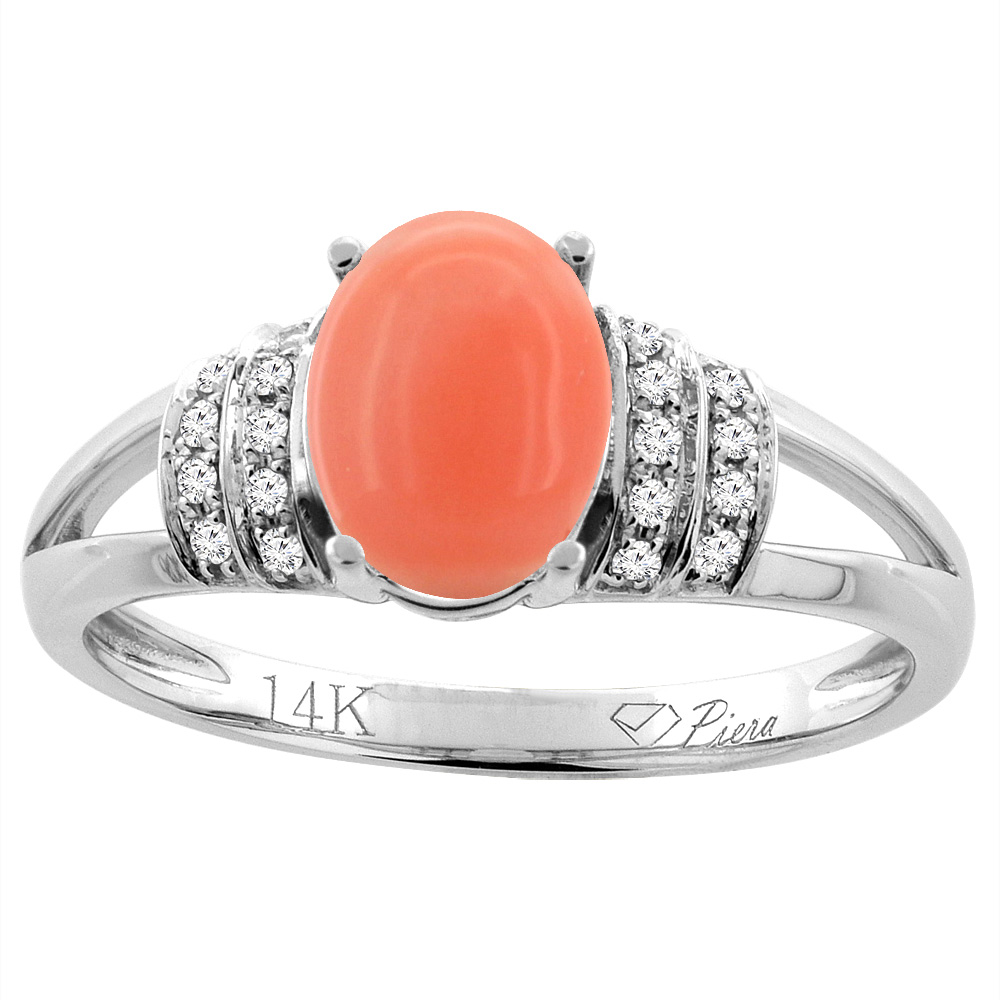 14K Gold Natural Coral Ring Oval 8x6 mm Diamond Accents, sizes 5 - 10