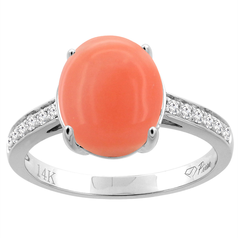 14K Gold Natural Coral Ring Oval 11x9 mm Diamond Accents, sizes 5 - 10