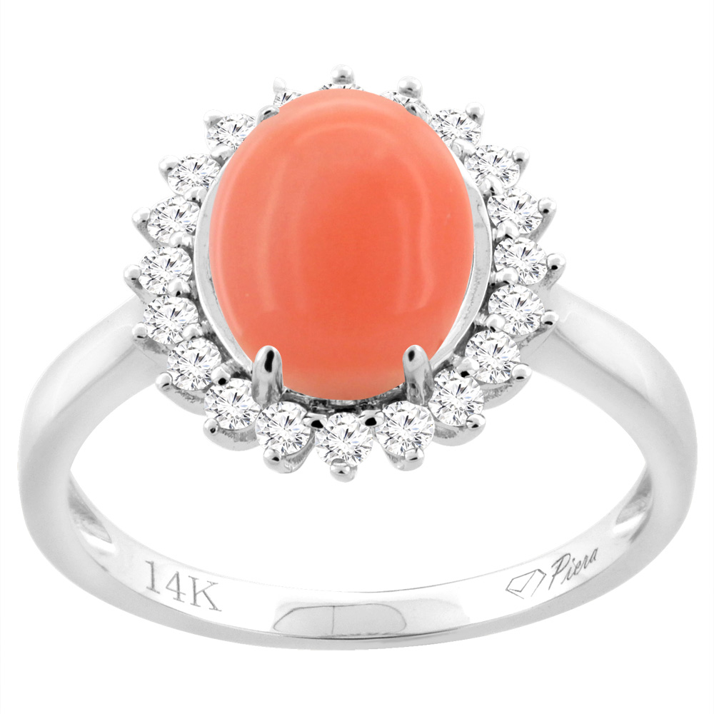 14K Yellow Gold Diamond Natural Coral Engagement Ring Oval 10x8mm, sizes 5-10