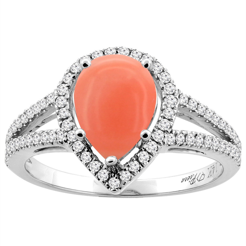 14K Gold Natural Coral Ring Pear Shape 9x7 mm Diamond Accents, sizes 5 - 10