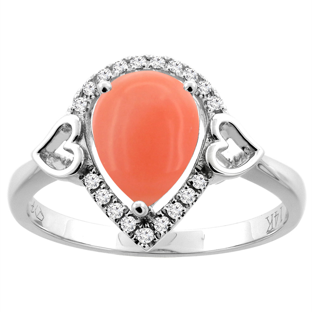 14K Gold Natural Coral Ring Pear Shape 9x7 mm Diamond Accents, sizes 5 - 10