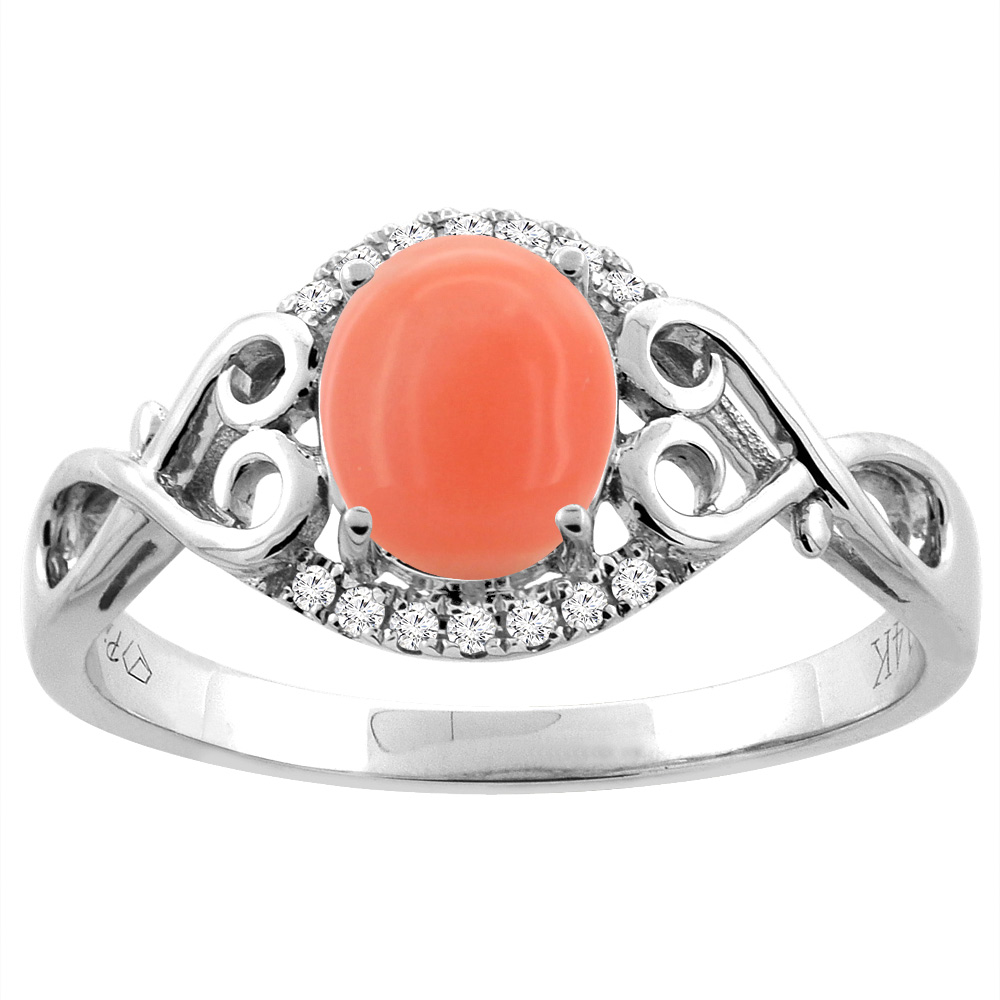 14K Gold Natural Coral Ring Oval 8x6 mm Diamond &amp; Heart Accents, sizes 5 - 10