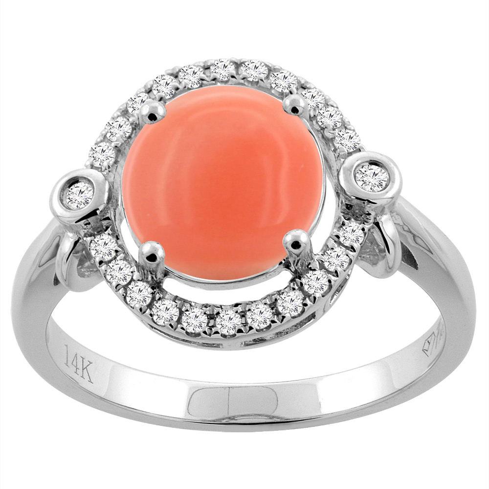 14K White Gold Diamond Natural Coral Engagement Ring Oval 10x8mm, sizes 5-10