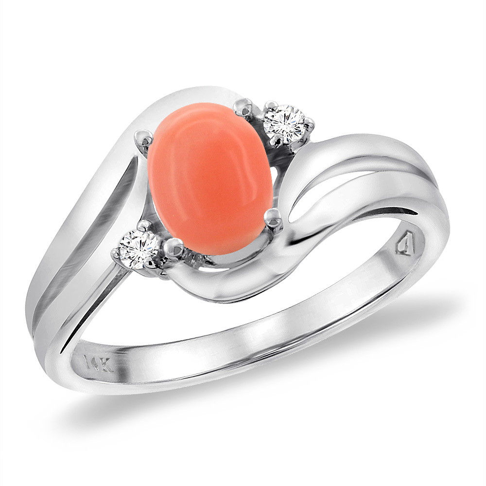 14K White Gold Diamond Natural Coral Bypass Engagement Ring Oval 8x6 mm, sizes 5 -10